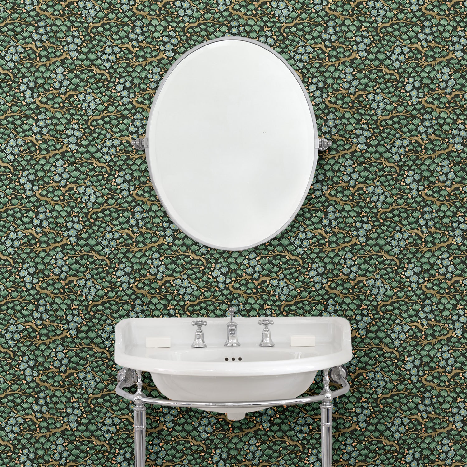 Capturing the beauty of the forest floor, this designer wallpaper features leaves and flowers.