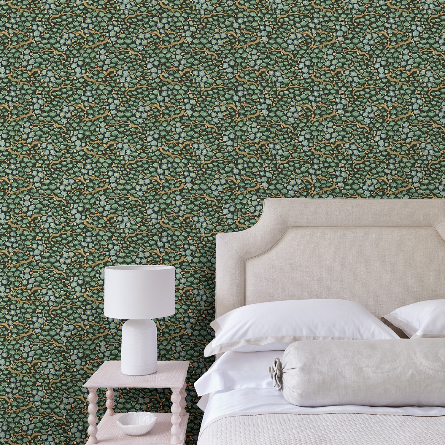 Capturing the beauty of the forest floor, this designer wallpaper features leaves and flowers.