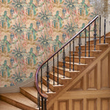 Tropical wallpaper in candy, shown in a hallway.