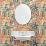 Tropical wallpaper in candy, shown in a bathroom.