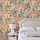 Tropical wallpaper in candy, shown in a bedroom.