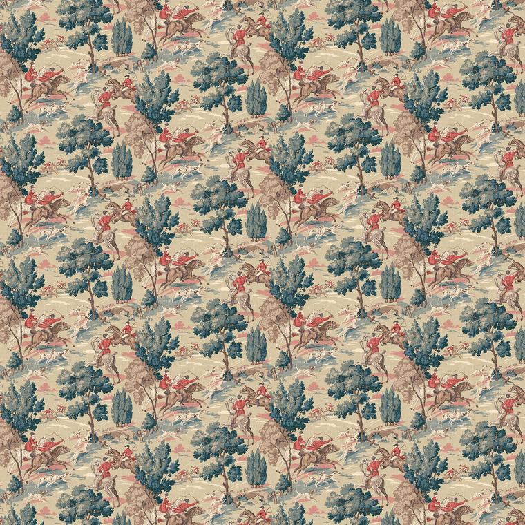 Sample of a designer wallpaper featuring the British hunt in sage.