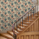 Hall showcasing a designer wallpaper featuring the British hunt in sage.