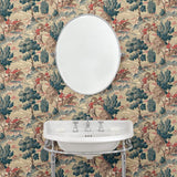 Cloakroom showcasing a designer wallpaper featuring the British hunt in sage.