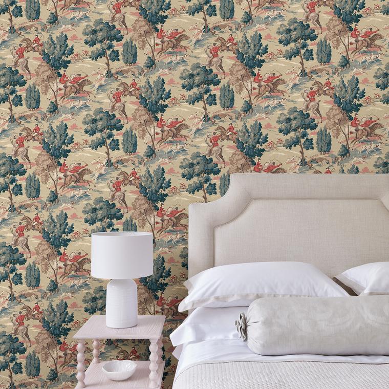 Bedroom showcasing a designer wallpaper featuring the British hunt in sage.