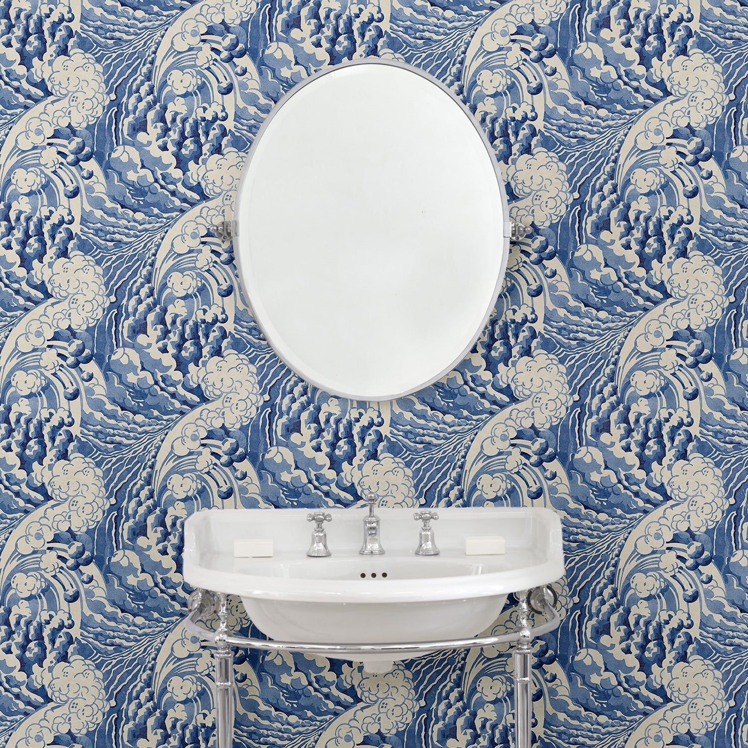 Cloak room with stylish abstract wallpaper featuring dramatic, undulating waves.