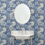 Cloak room with stylish abstract wallpaper featuring dramatic, undulating waves.