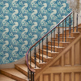 Hallway with stylish abstract wallpaper featuring dramatic, undulating waves.