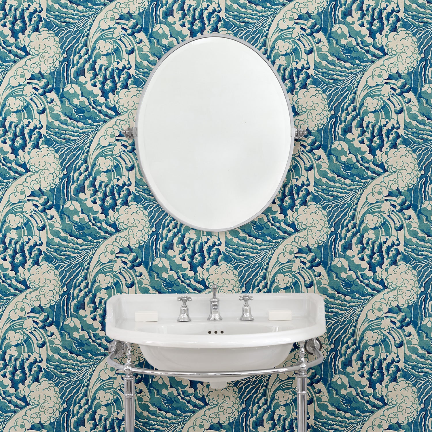 Bathroom with stylish abstract wallpaper featuring dramatic, undulating waves.