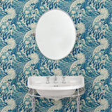 Bathroom with stylish abstract wallpaper featuring dramatic, undulating waves.