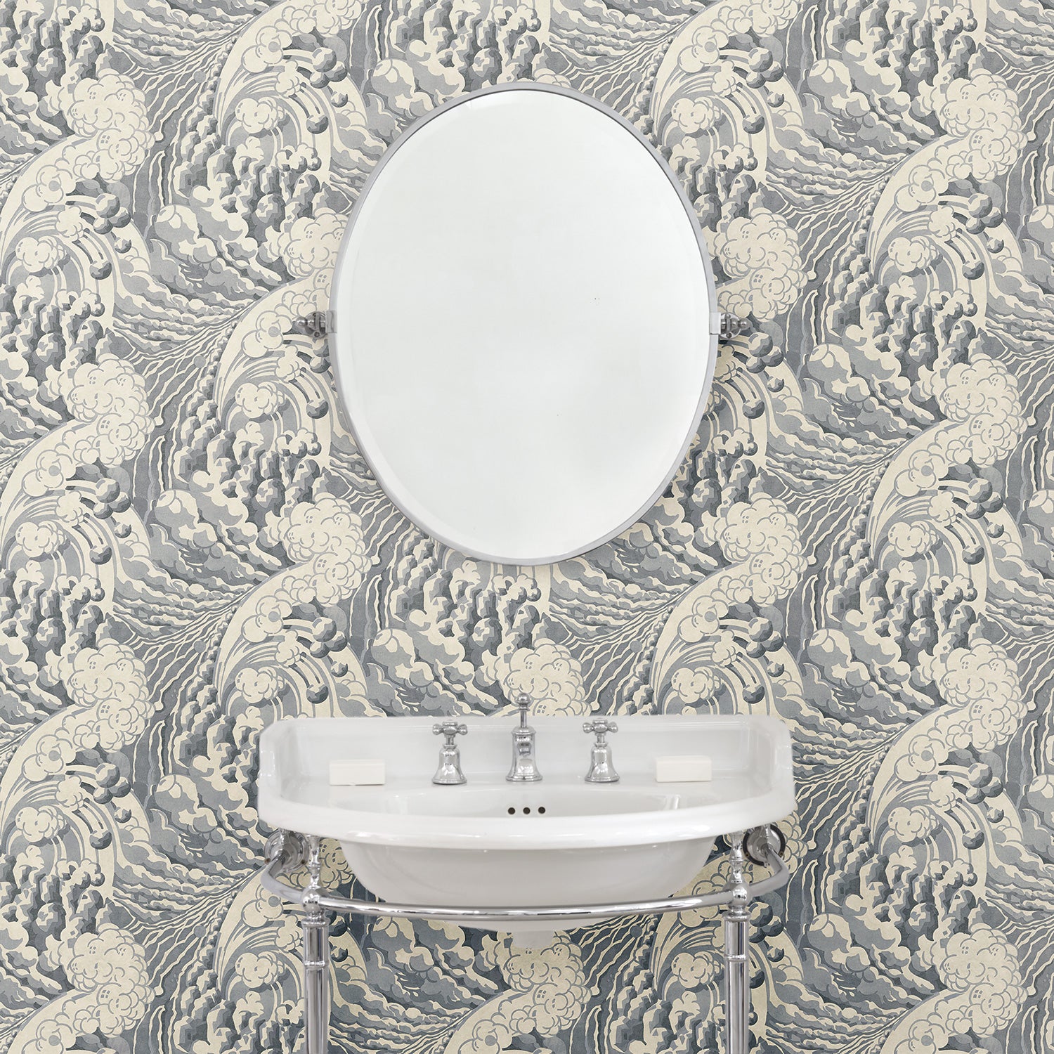 Cloakroom with stylish abstract wallpaper featuring dramatic, undulating waves.