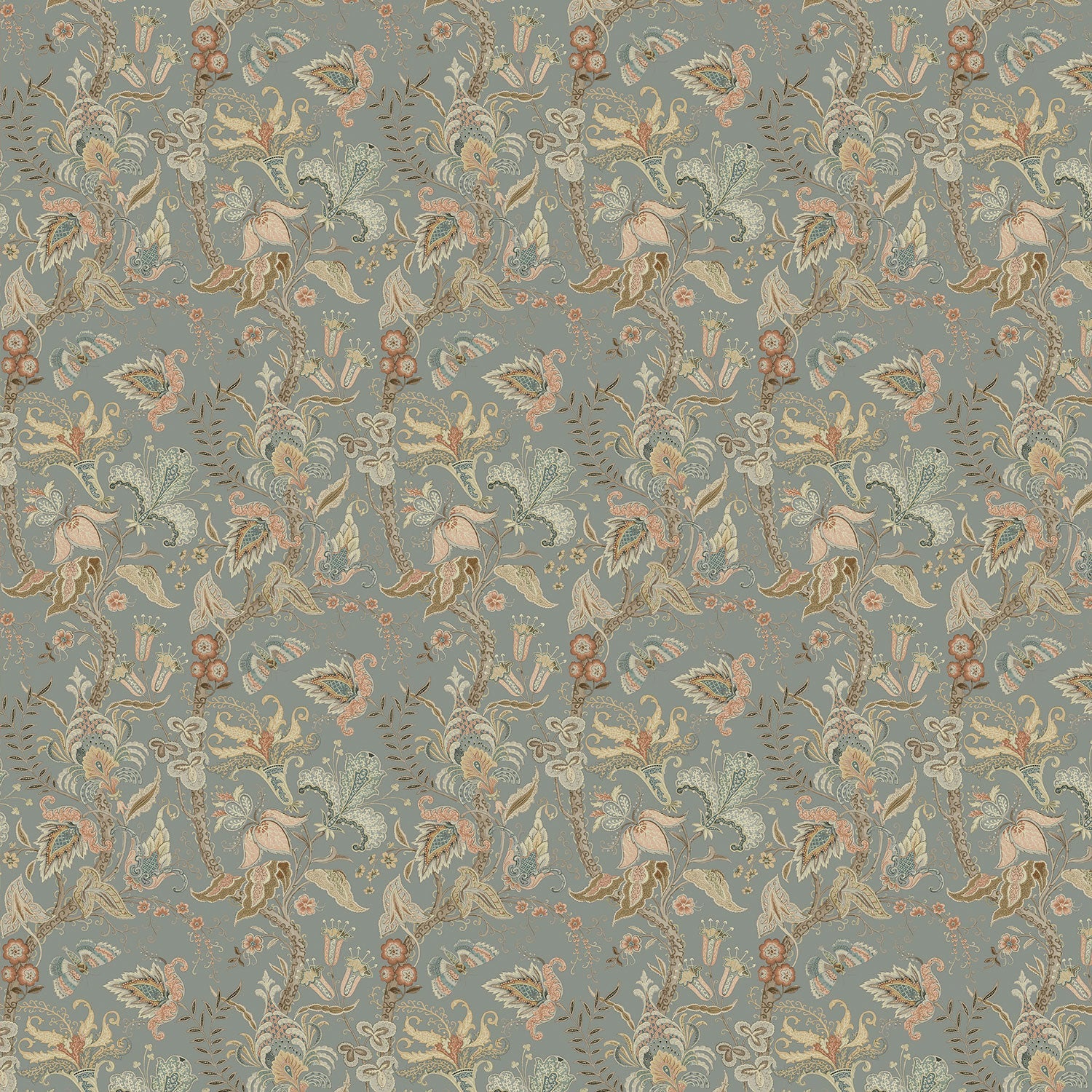 Sample of a tropical wallpaper in a smart neutral showcasing beautiful botanicals and butterflies.