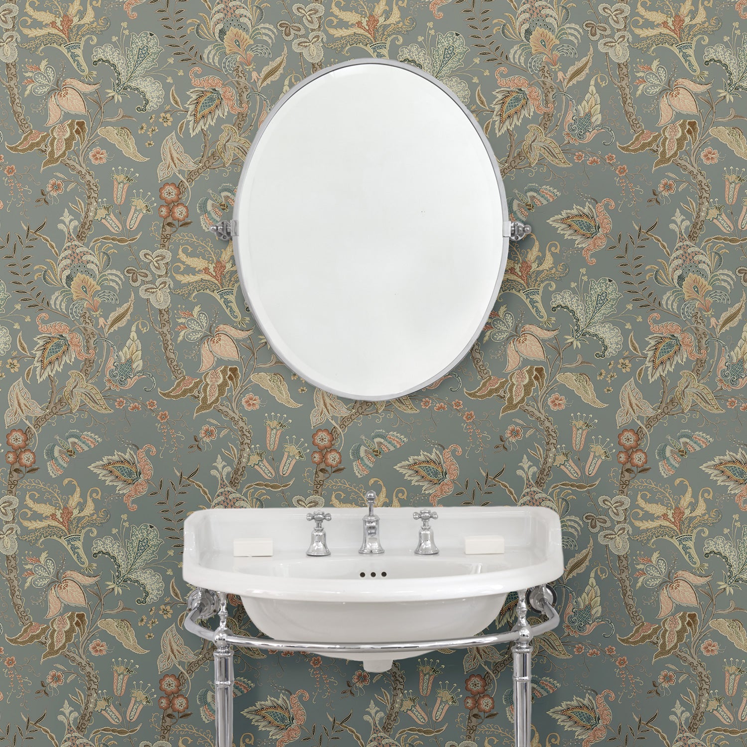 Bathroom with a tropical wallpaper in a smart neutral showcasing beautiful botanicals and butterflies.