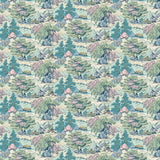 Sample of a pastel wallpaper featuring a landscape of mountains, willows and Oriental-style buildings.