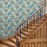 Hallway showcasing a pastel wallpaper featuring a landscape of mountains, willows and Oriental-style buildings.