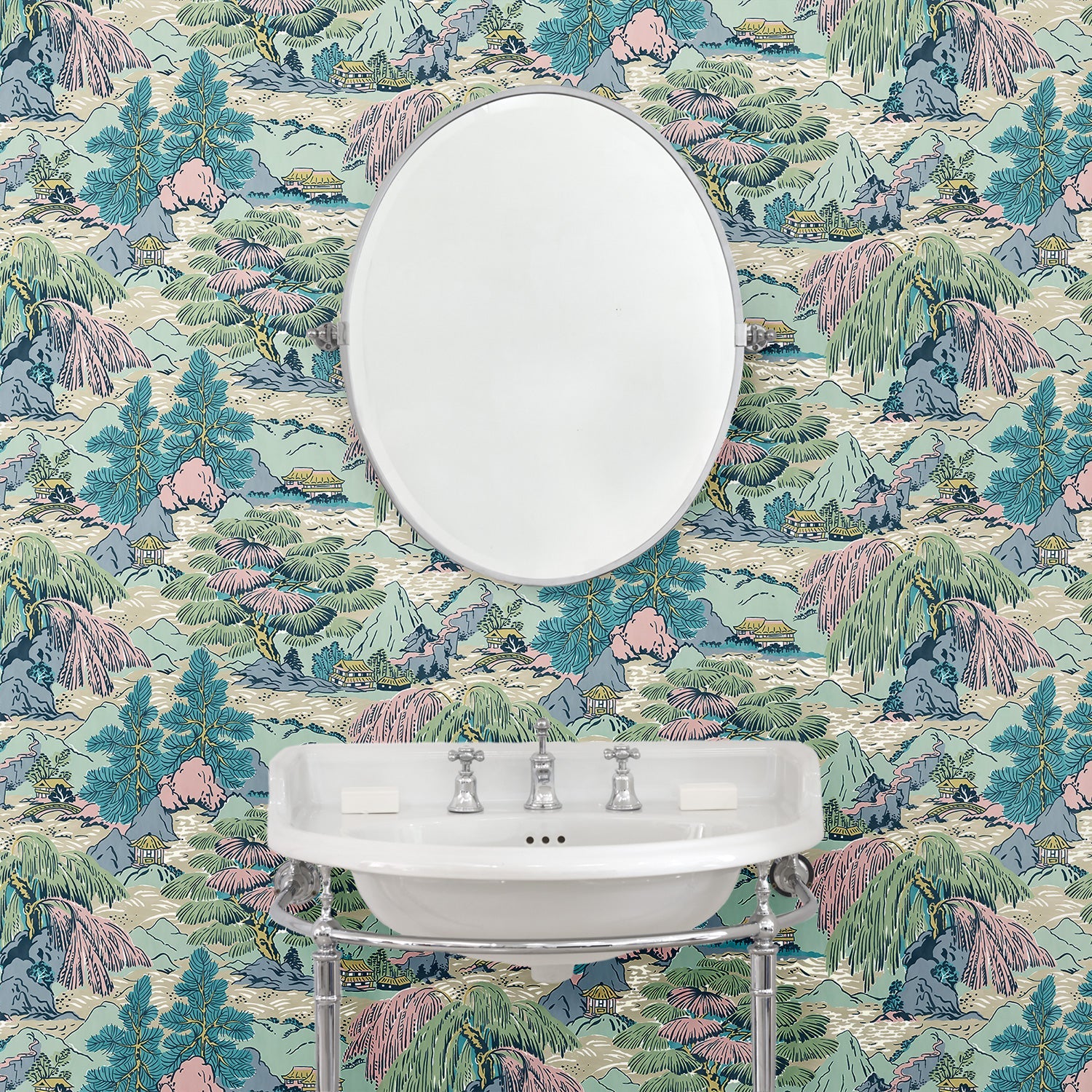 Bathroom showcasing a pastel wallpaper featuring a landscape of mountains, willows and Oriental-style buildings.
