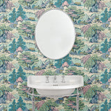 Bathroom showcasing a pastel wallpaper featuring a landscape of mountains, willows and Oriental-style buildings.