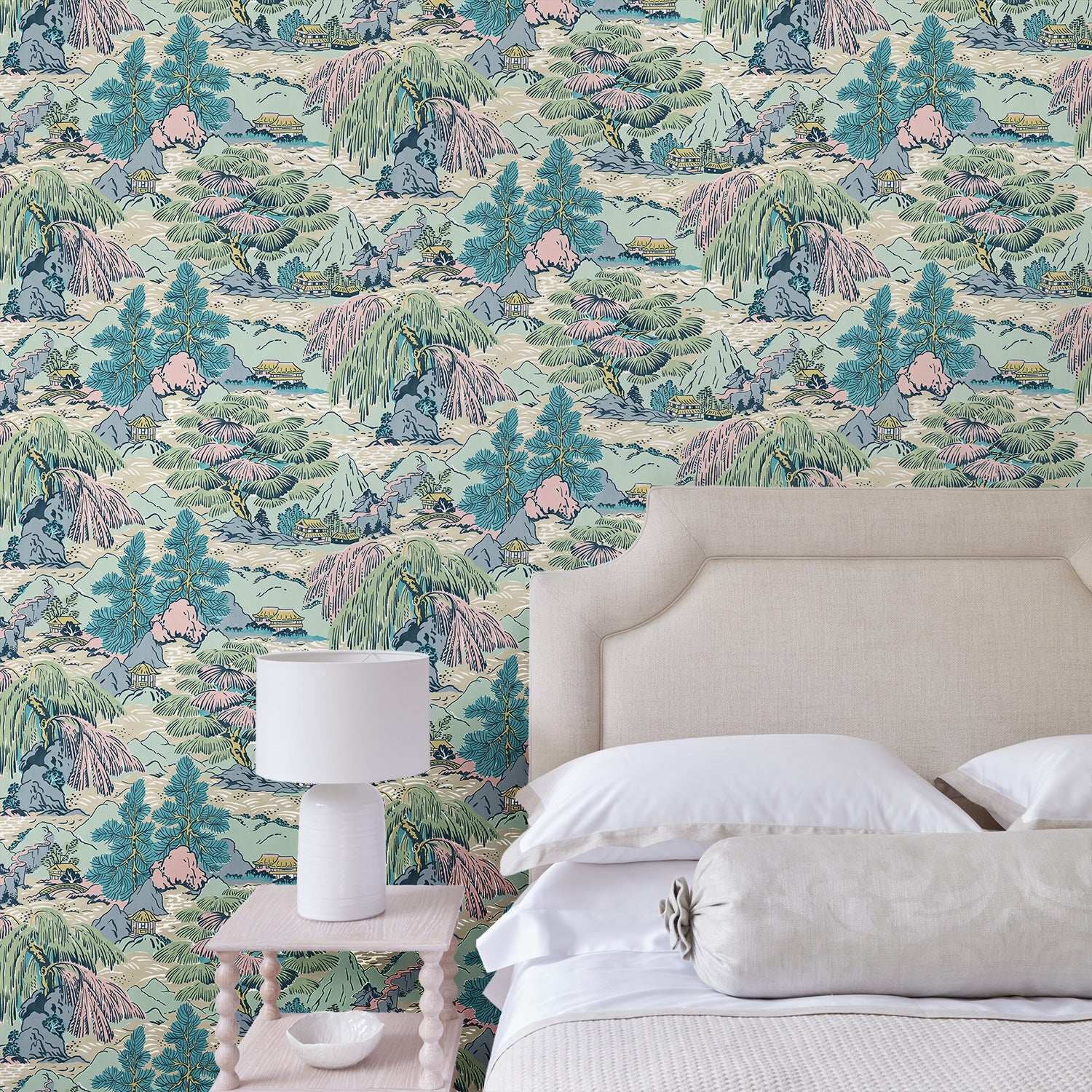 Bedroom showcasing a pastel wallpaper featuring a landscape of mountains, willows and Oriental-style buildings.