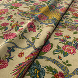 Sample of a printed velvet fabric depicts a menagerie of parrots, lions, and alluring flowers in cream