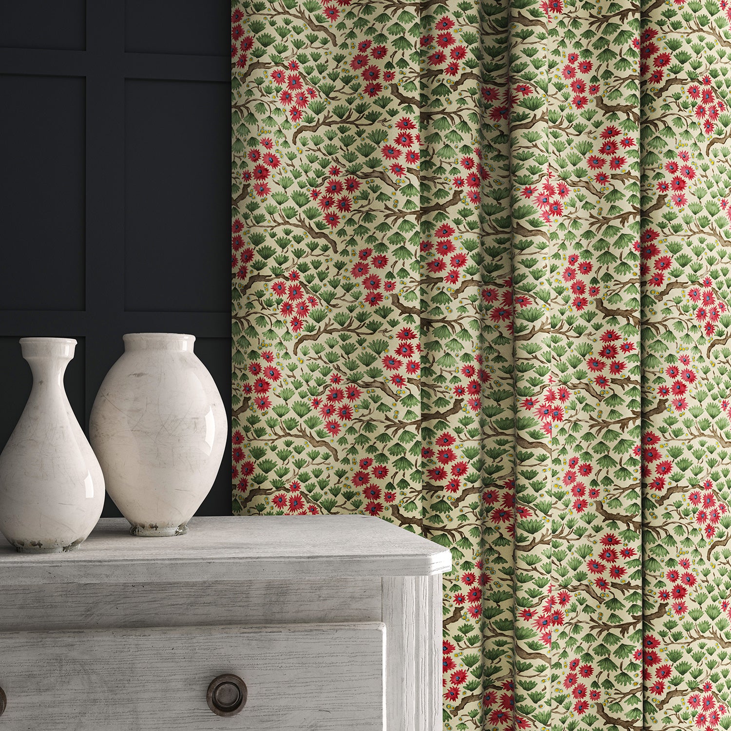 A printed velvet fabric which captures the beauty of the forest floor: leaves, brand and flowers abound in pink, green and brown as curtains