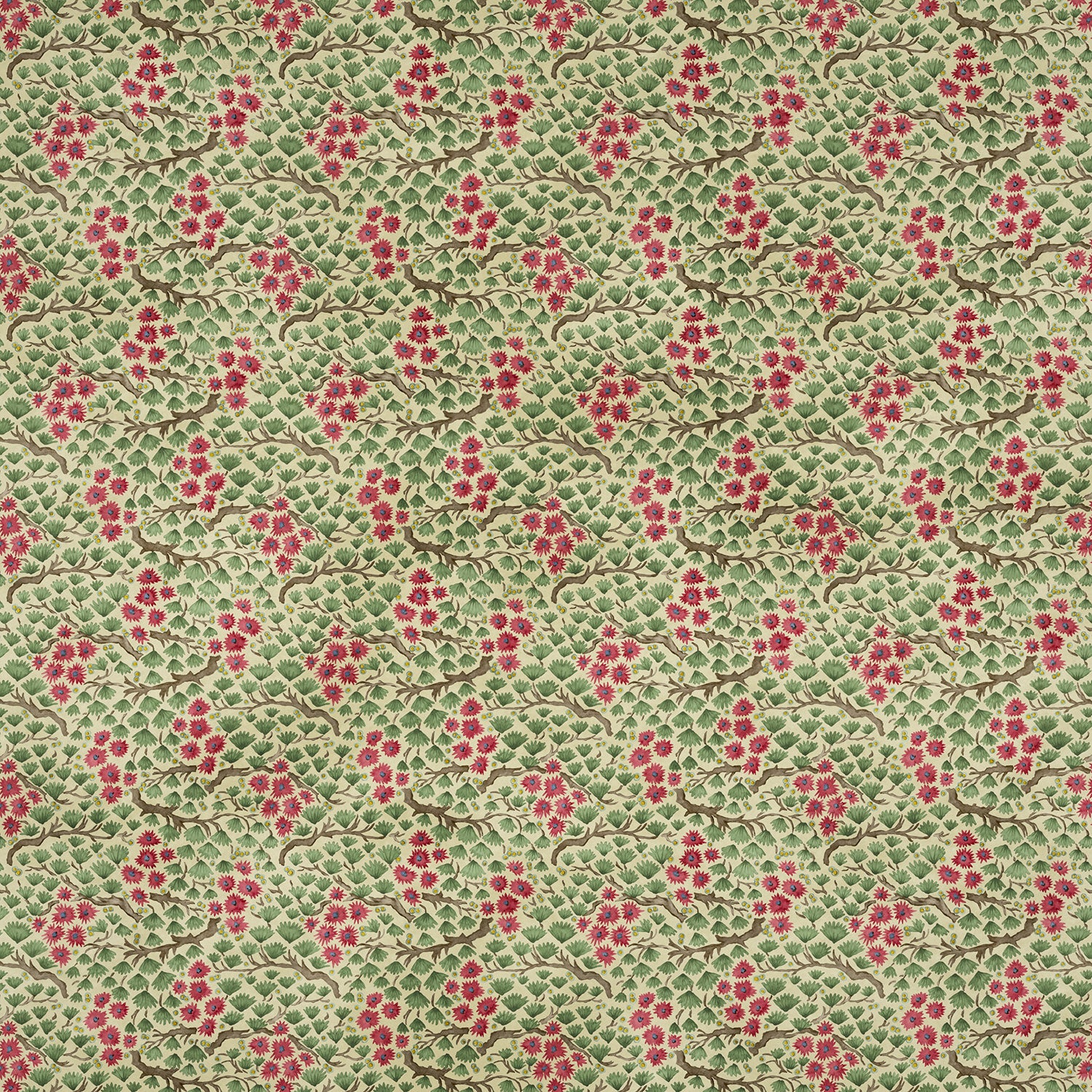 Sample of a printed velvet fabric which captures the beauty of the forest floor: leaves, brand and flowers abound in pink, green and brown