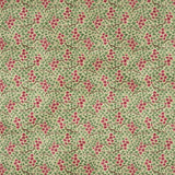 Sample of a printed velvet fabric which captures the beauty of the forest floor: leaves, brand and flowers abound in pink, green and brown