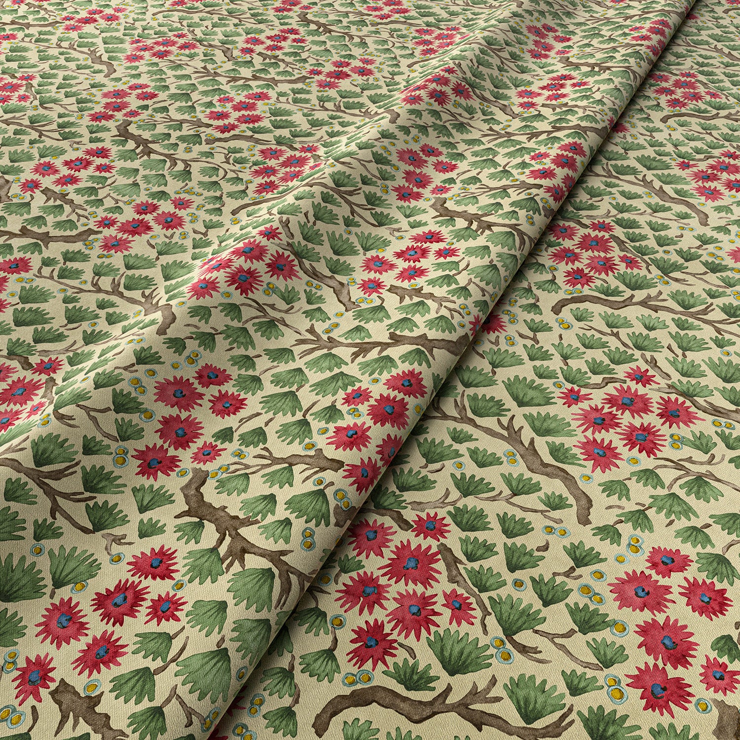 Sample of a printed velvet fabric which captures the beauty of the forest floor: leaves, brand and flowers abound in pink, green and brown