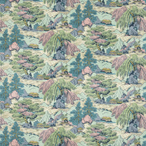 Sample of a printed velvet fabric showcasing a beautiful landscape of mountains, willows, and Oriental-style buildings in blue, pink and green