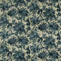 Sample of a printed velvet fabric showcasing a landscape of palms and monkeys in blue and cream