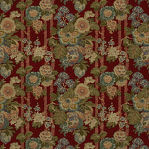 Sample of a printed velvet fabric showcasing the abundant pattern of stylised flowers in red