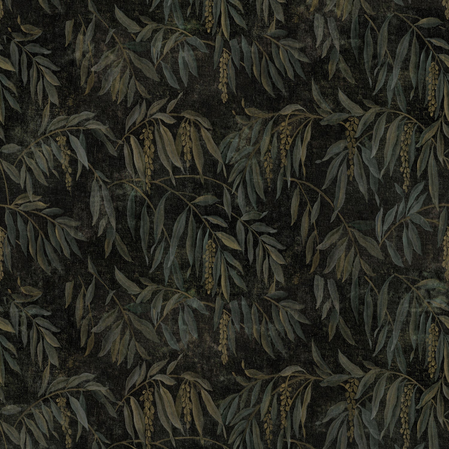 Sample of a printed velvet fabric showcasing stylised wisteria in green and brown