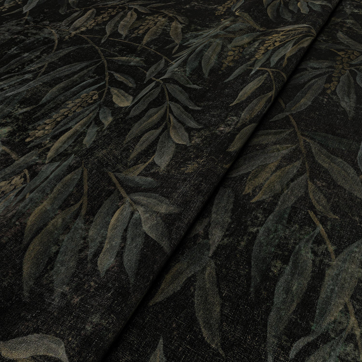 Sample of a printed velvet fabric showcasing stylised wisteria in green and brown