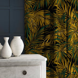 Patterned velvet curtains in gold and green featuring a palm tree leaf design.