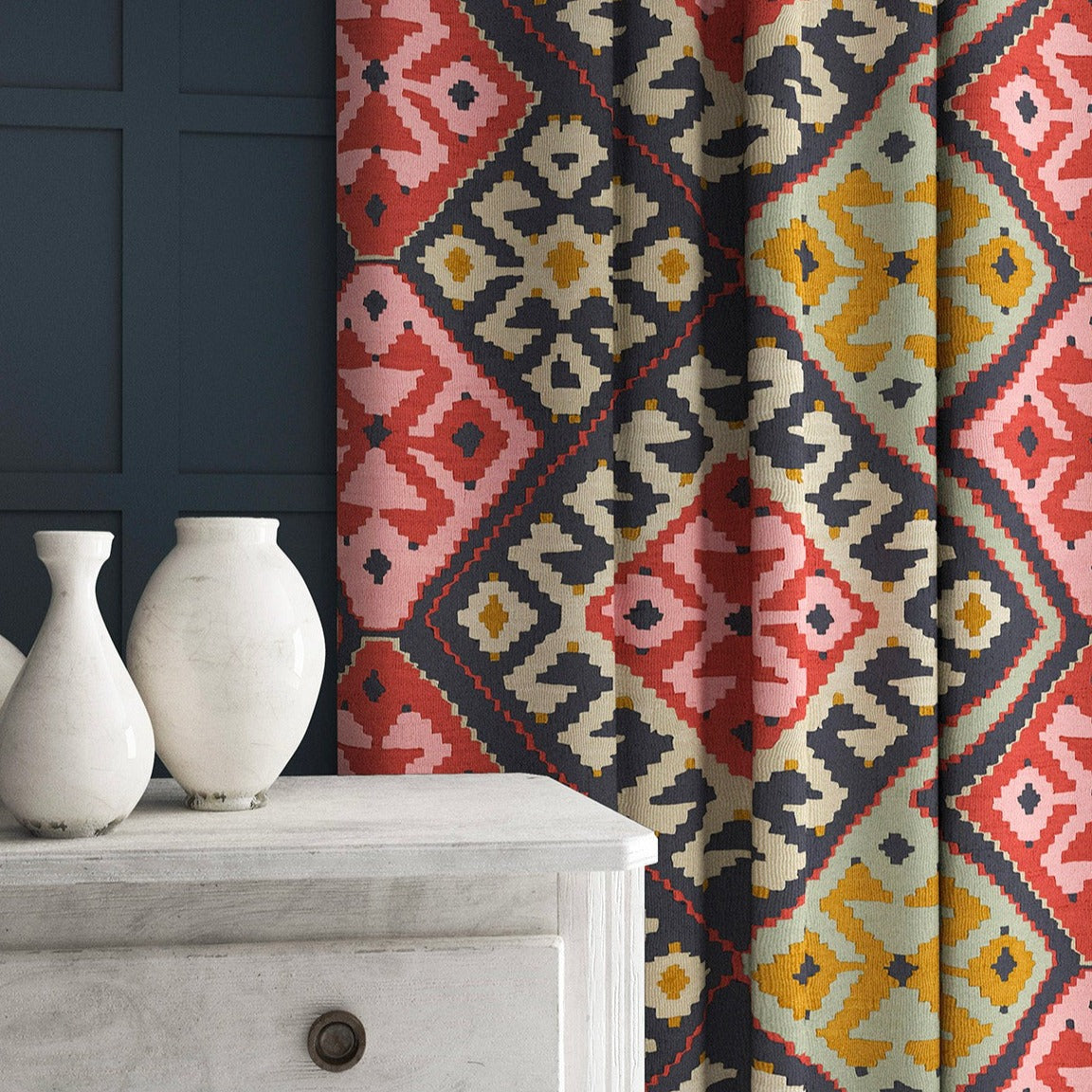 Velvet curtains in a henna kilim pattern.