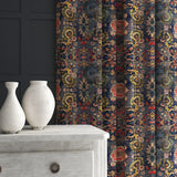 Curtain made from a printed velvet fabric based on a classic Persian rug design.