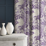 Velvet curtain in a velvet fabric with stain resistant finish with a purple and white wave design